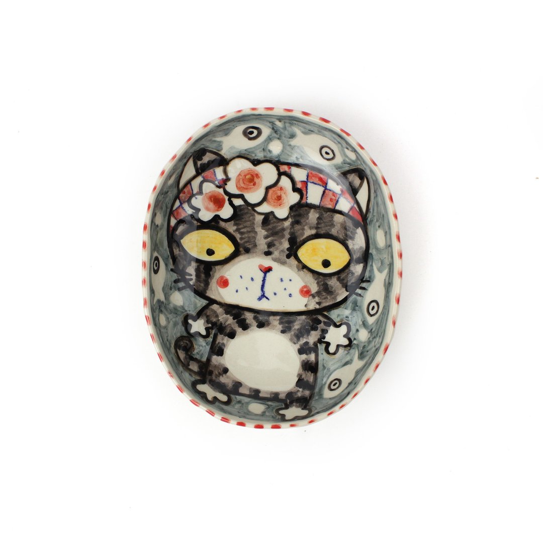Nice Little Clay 四脚椭圆中盘 可爱猫 0302M-13 - 浅碟/小碟子 - 陶 白色