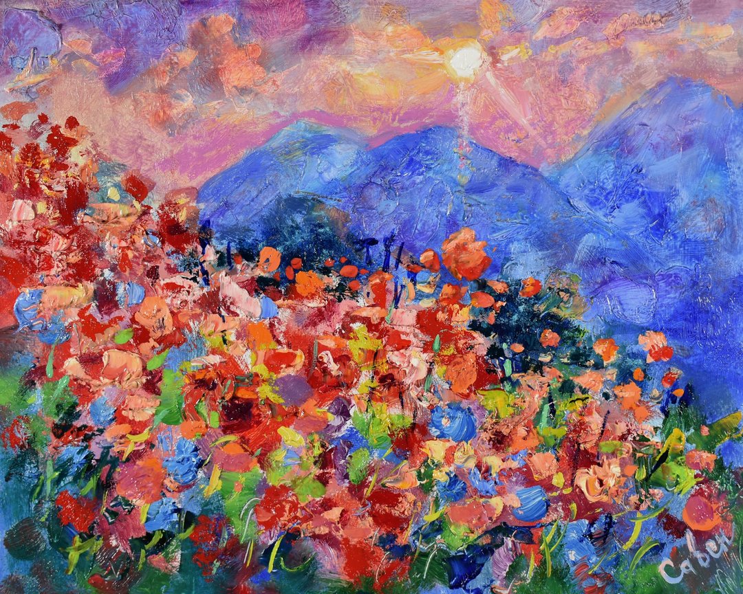 Italy Painting Poppy Original Art Landscape Flower Sunset Small Art Wall - 海报/装饰画/版画 - 木头 多色