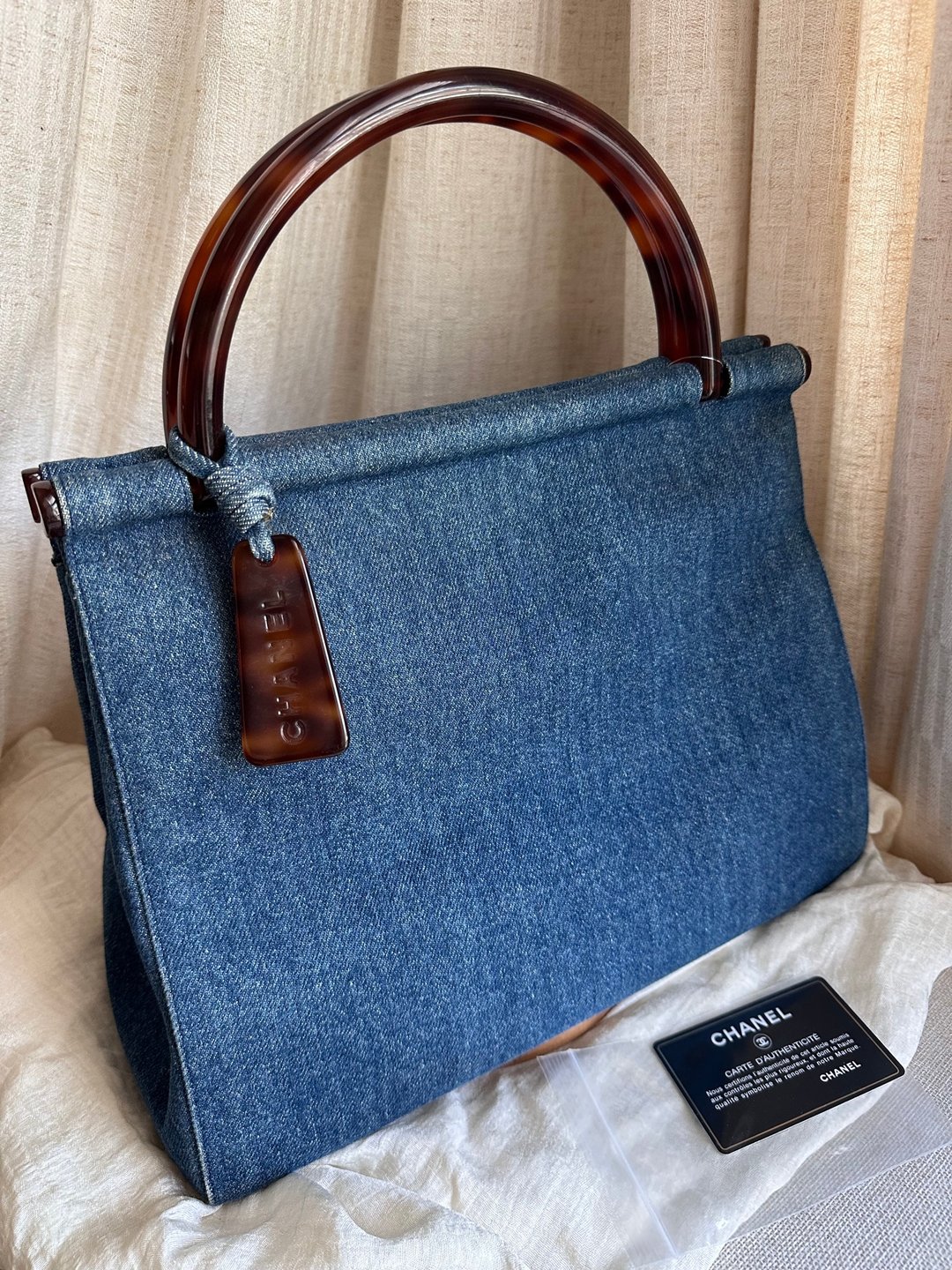 稀有中古包Vintage Chanel 玳瑁手提牛仔蓝手提包 - 手提包/手提袋 - 其他材质 