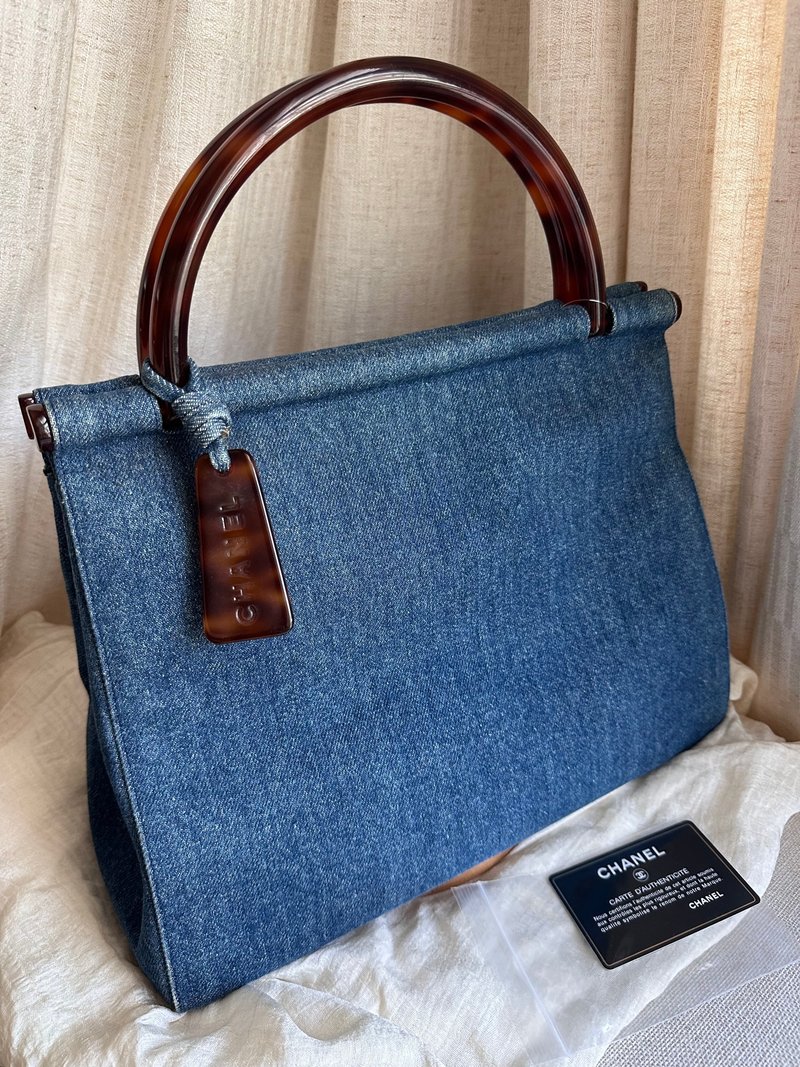 稀有中古包Vintage Chanel 玳瑁手提牛仔蓝手提包 - 手提包/手提袋 - 其他材质 