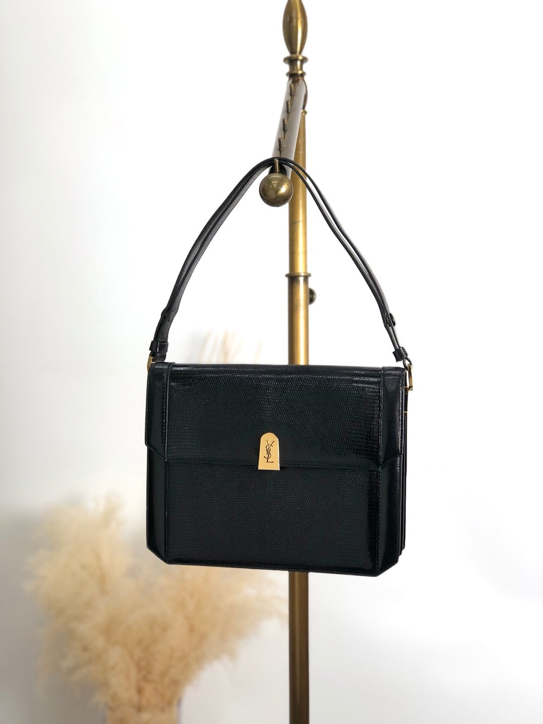 【日本直送 品牌二手包】Yves Saint Laurent 单肩包黑YSL标志 皮革 蜥蜴压纹 复古 7vuyvg - 侧背包/斜挎包 - 真皮 黑色