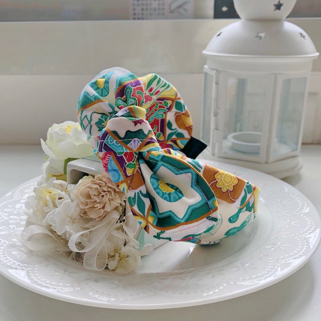 台湾文青-拼布棉麻布绑结蝴蝶结发箍头箍发饰-彩色花砖 - 发带/发箍 - 棉．麻 多色