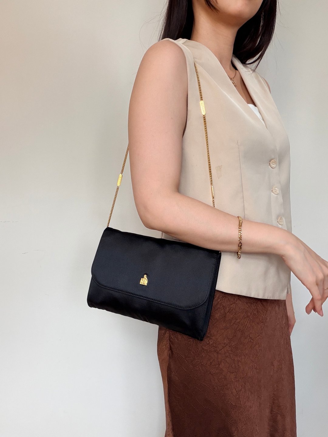 中古稀有 Lanvin 浪梵 缎面丝质 晚宴包 手拿包 侧背包 链包 - 侧背包/斜挎包 - 丝．绢 黑色