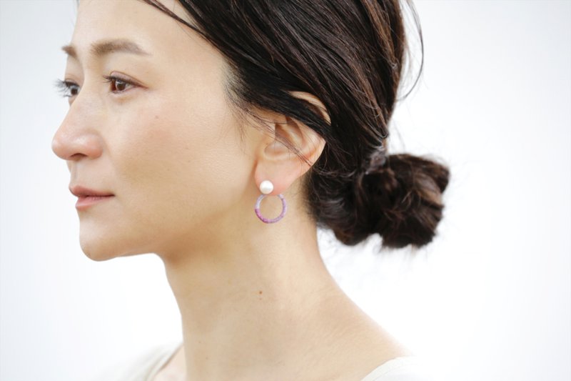 波紋 片耳 フープ ピアス イヤリング変更可 クリスタル パール ウール ハンドメイド アクセサリー プレゼント パーティーにも - 耳环/耳夹 - 羊毛 粉红色