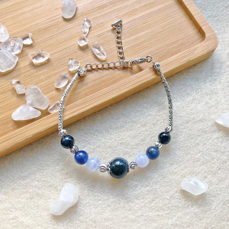 蓝虎眼石 蓝纹玛瑙 月亮石 蓝纹石 手鈪 手链 手链 手环 定制化 - 手链/手环 - 水晶 蓝色