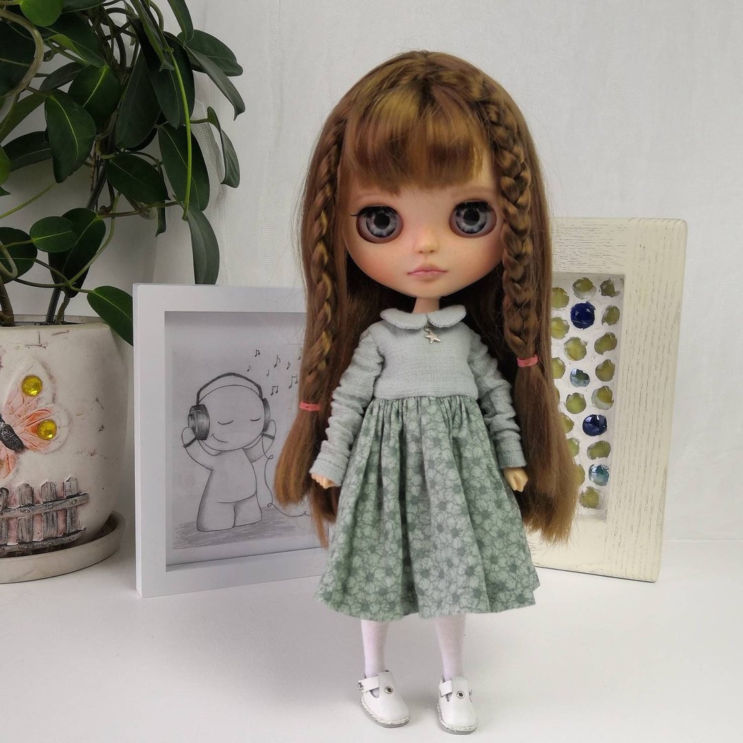 Olive floral dress for Blythe doll. Clothes Blythe doll - 玩偶/公仔 - 棉 
