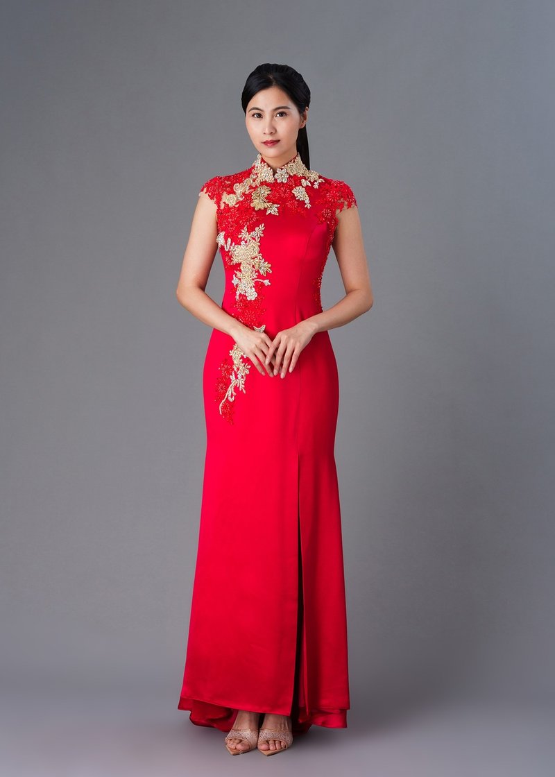 Queen of the Meadow 小凤仙袖斜襟微鱼尾新娘旗袍 |香港设计 - 洋装/连衣裙 - 其他人造纤维 红色