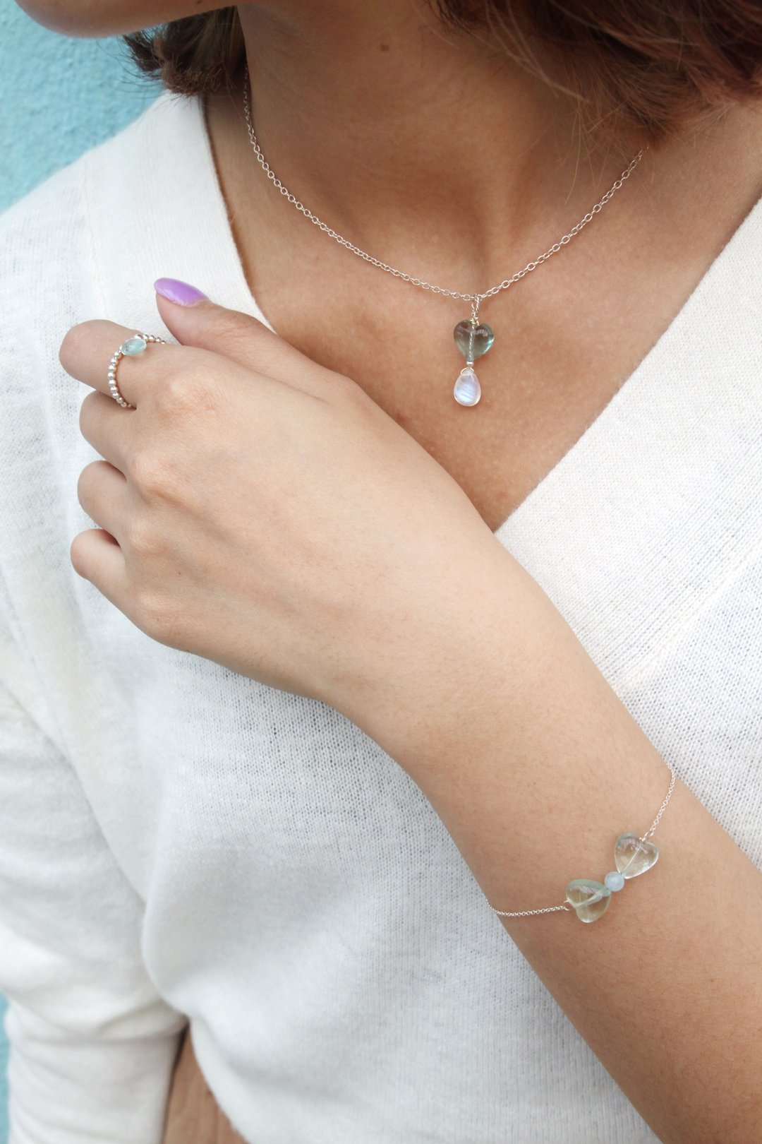 925纯银珠 - 淡绿色心形萤石, 海蓝宝  手链 heart shape flourite and aquarmarine 925 silver bracelet - 手链/手环 - 宝石 绿色