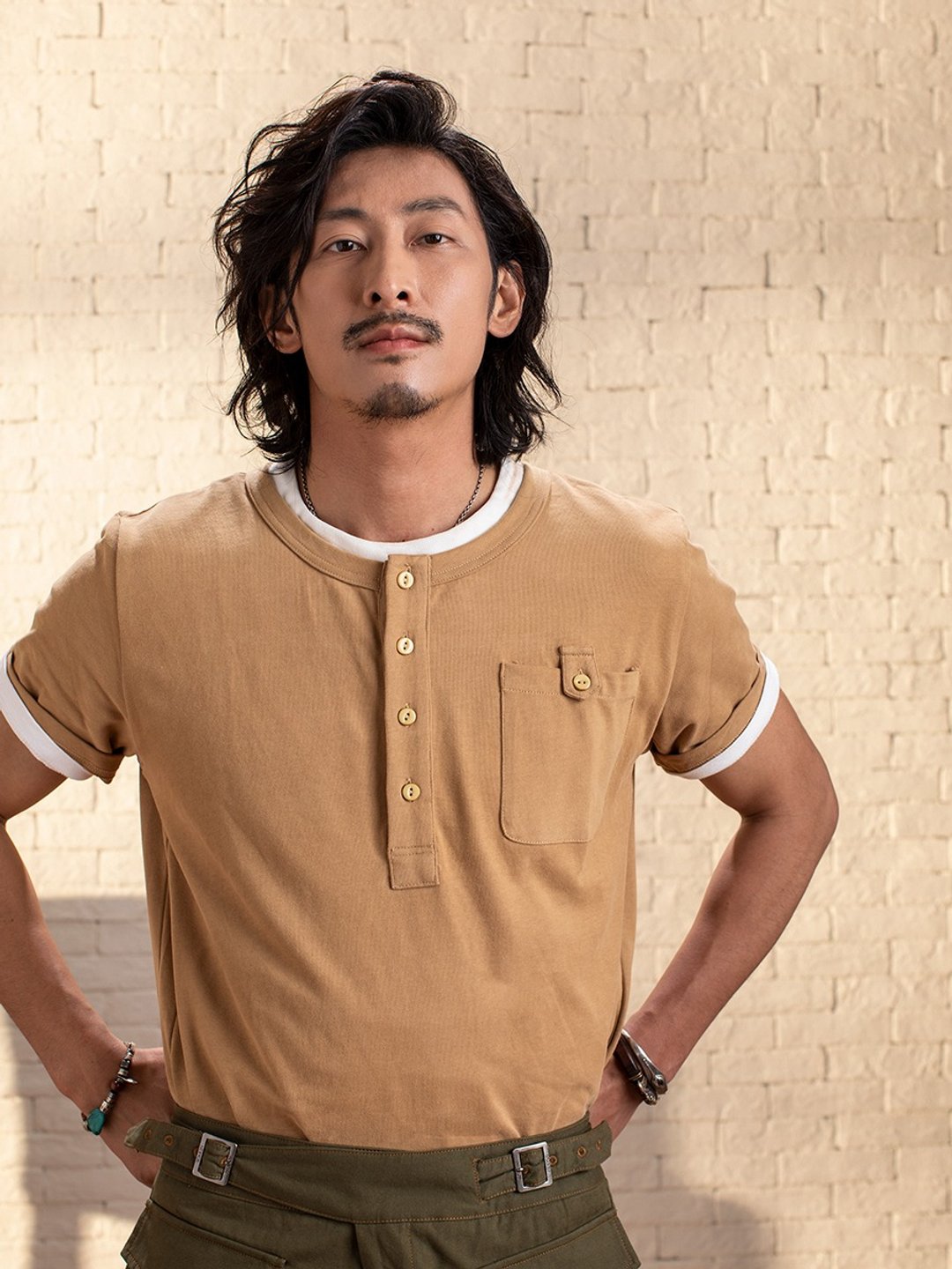SOARIN美式绒感亨利领T-SHIRT(212T410) - 男装上衣/T 恤 - 棉 橘色