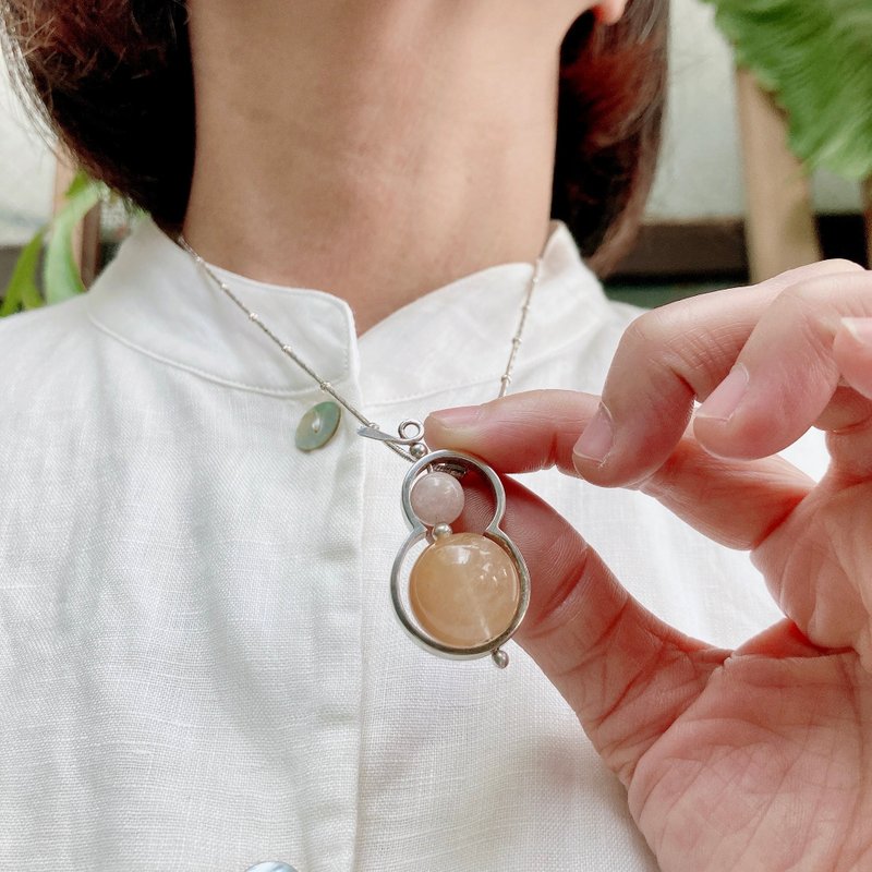 纯银手工葫芦坠饰项链~福气/小圆粉晶搭大圆橘色玛瑙,幸福中 - 项链 - 纯银 灰色