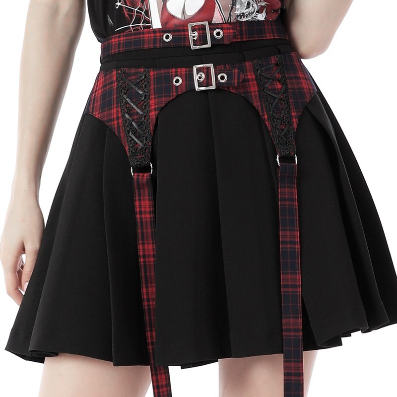 双重腰带蕾丝缎带造型苏格兰格纹百搭百褶短裙y2k庞克摇滚KW239 - 裙子 - 聚酯纤维 