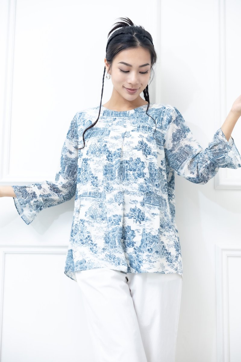 蓝色建筑物喇叭袖长袖上衣 白色 - 女装上衣 - 其他材质 白色