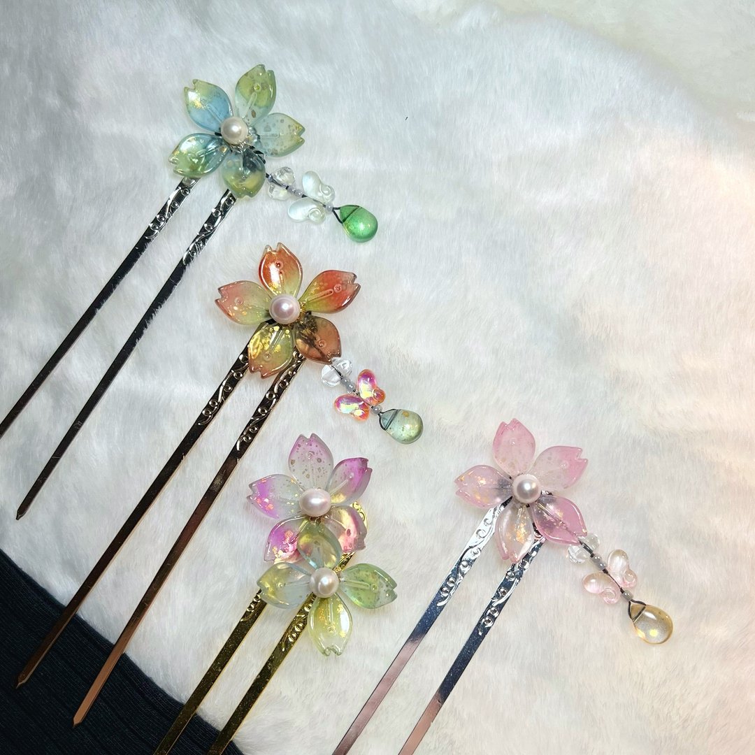 透青、枫红、艳紫、金粉樱花珍珠发簪 · 一物一图 · - 发饰 - 珍珠 多色