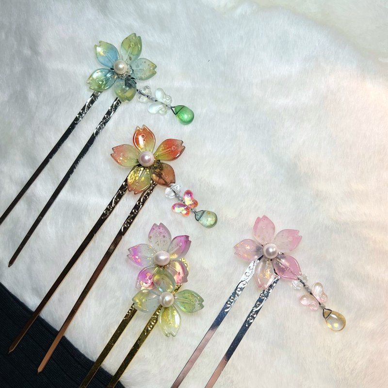 透青、枫红、艳紫、金粉樱花珍珠发簪 · 一物一图 · - 发饰 - 珍珠 多色