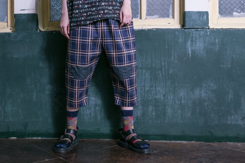 格子补丁宽裤 - 女装长裤 - 棉．麻 蓝色