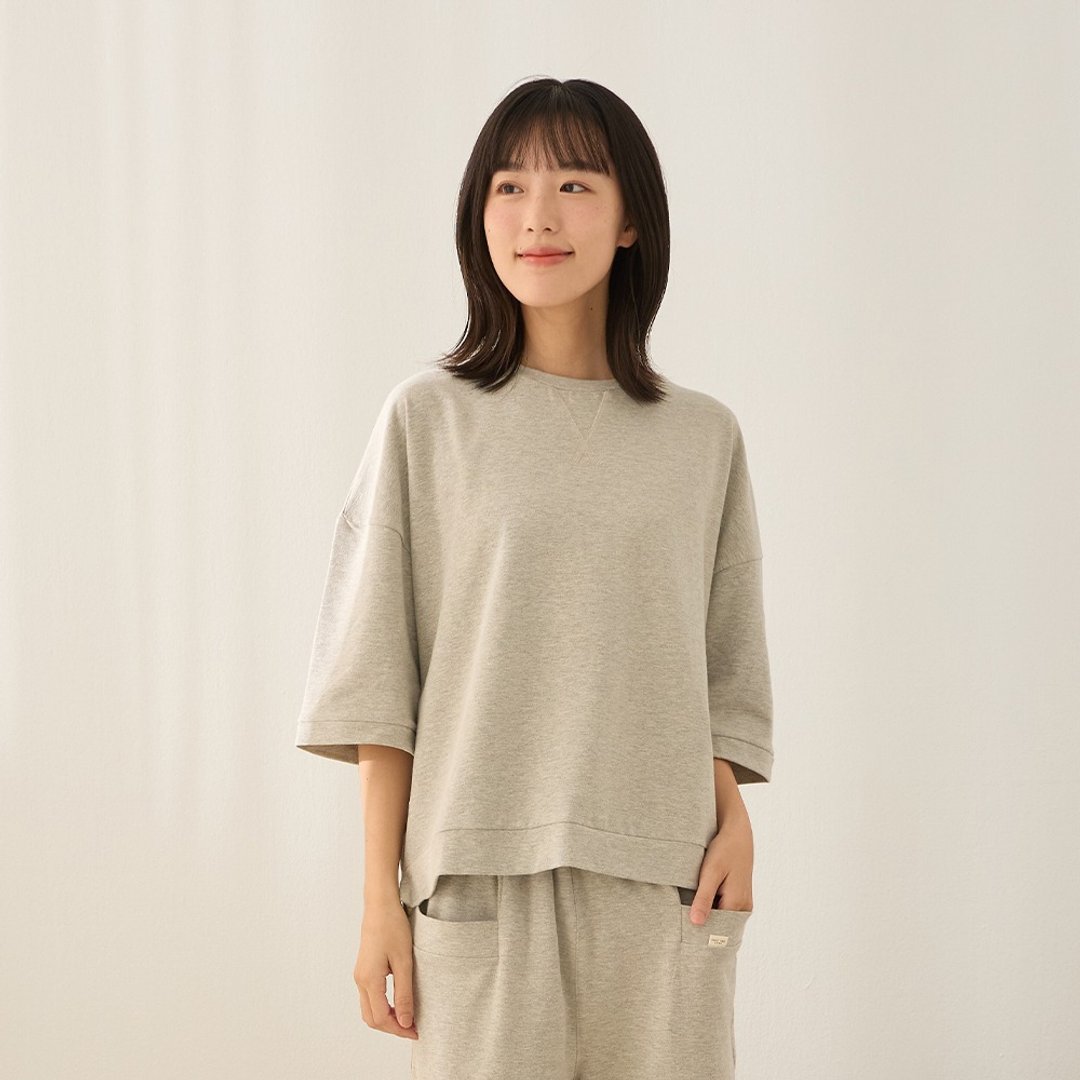 MIT有机棉弹性侧开衩七分袖上衣-共2色 - 居家服/睡衣 - 棉 多色