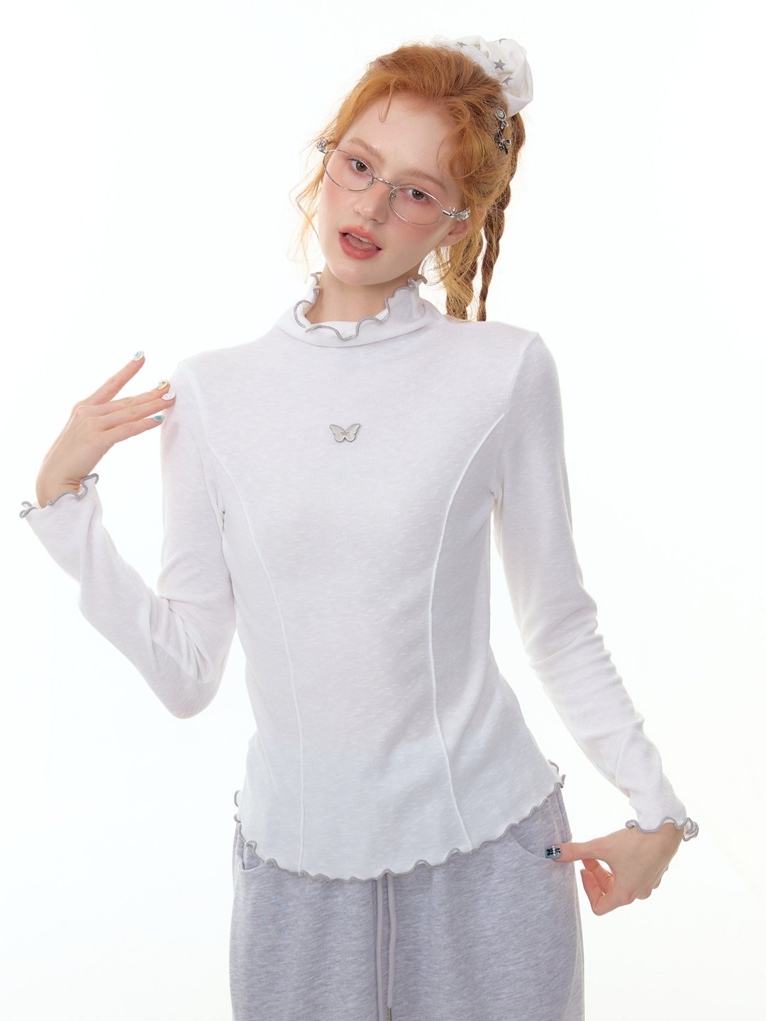 ziziFei秋冬新款美式设计感修身显瘦上衣木耳边高领针织打底衫女 - 女装针织衫/毛衣 - 其他材质 白色