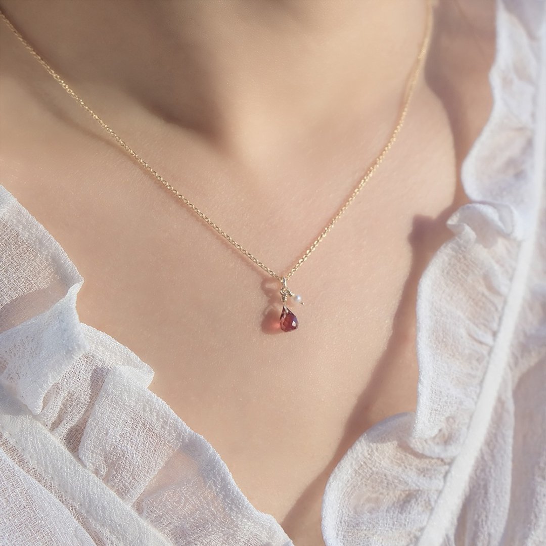 生日石 项链 红石榴 粉晶 14K 包金 注金 水洗不退色 项链 女 - 项链 - 半宝石 红色