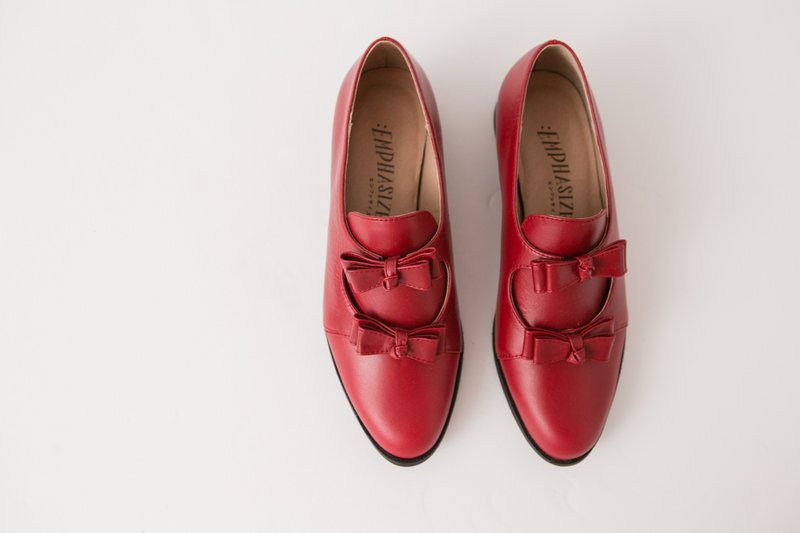 :EMPHASIZE双蝴蝶结全真皮鞋-暗红色 - 女款休闲鞋 - 真皮 红色