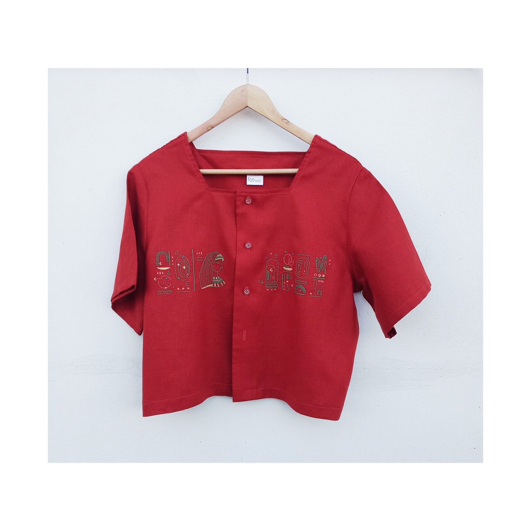 Short-sleeve, square-neck red shirt - 女装上衣 - 棉 红色