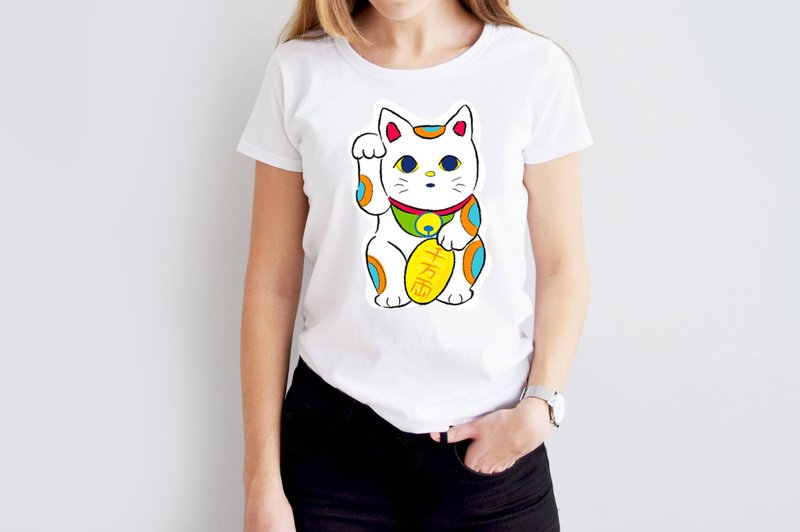 小饭团  招财猫 千万两 白色中性短T - 女装 T 恤 - 棉．麻 黑色