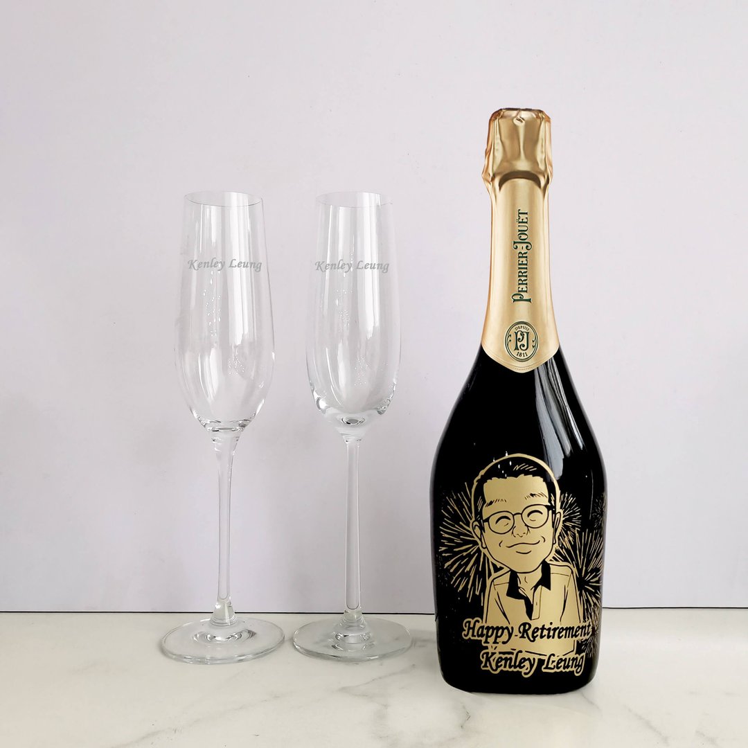 【客制】祝贺退休人像巴黎之花Grand Brut香槟套装|雕刻 - 酒类 - 玻璃 