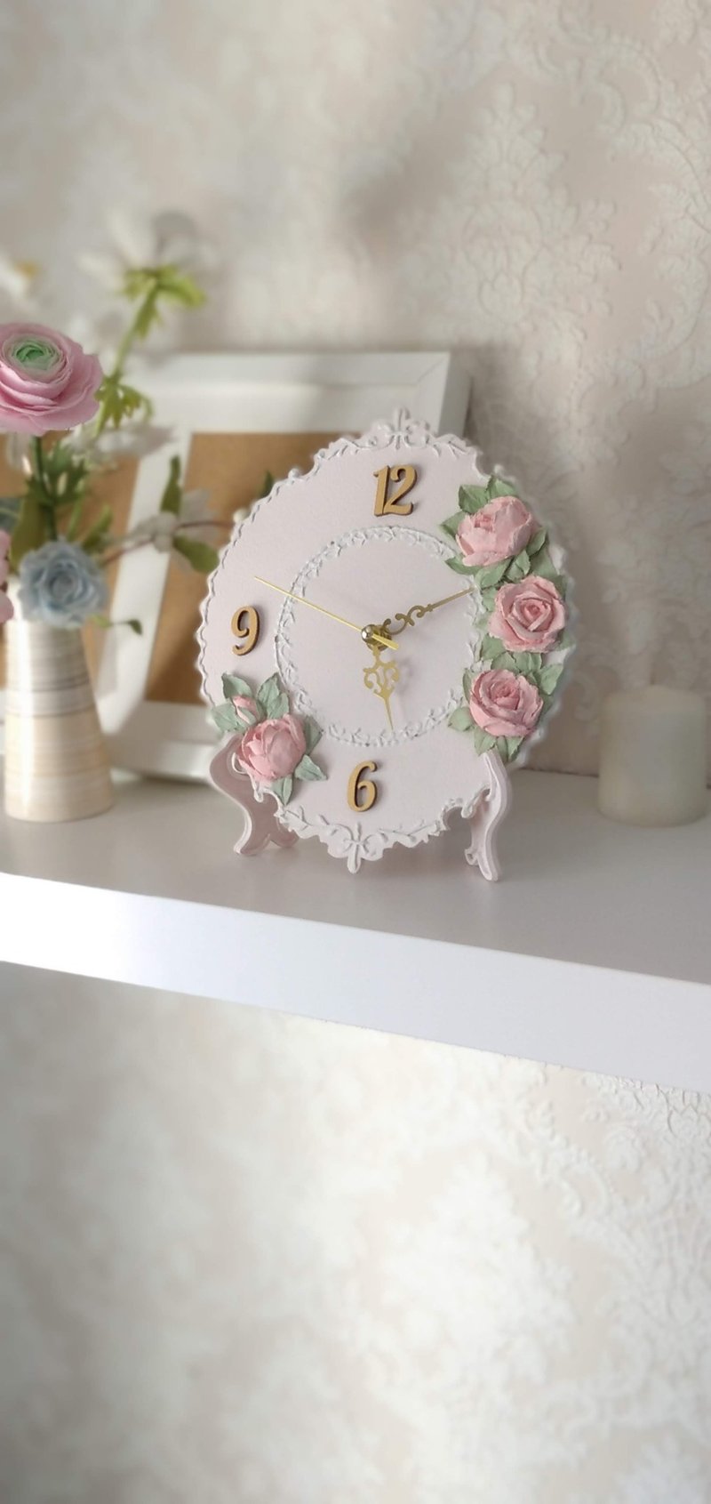 破旧别致风格的粉红色玫瑰小桌钟 静音挂钟 - 时钟/闹钟 - 木头 粉红色