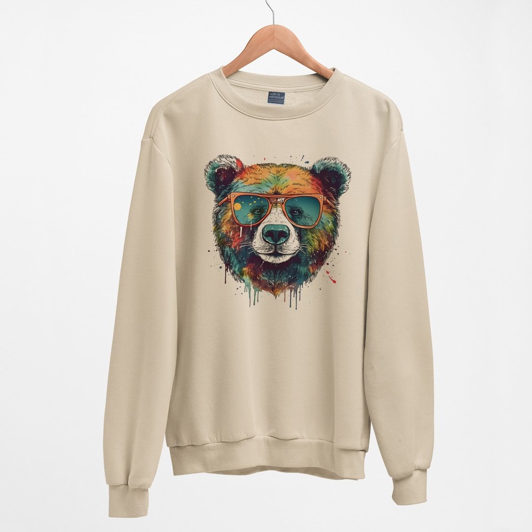 Watercolor Bear 刷毛大学T中性版 卡其色  熊快速出货交换礼物 - 女装上衣 - 棉．麻 卡其色