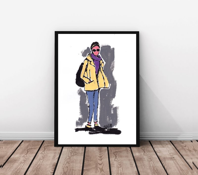 Fashion girl in yellow painting original art, acrylic paints, paper - 墙贴/壁贴 - 纸 多色