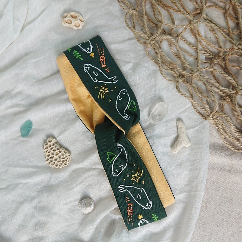 来自海的灵感系列-童趣小海豹双拼撞色手工刺绣发带 - 发带/发箍 - 绣线 绿色