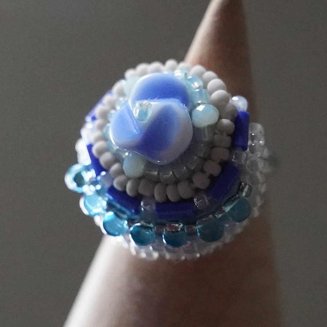 Talkative Ring 105 Free Size Bead Embroidery Ring Blue Oburi Ring Vitamin Color - 戒指 - 塑料 蓝色