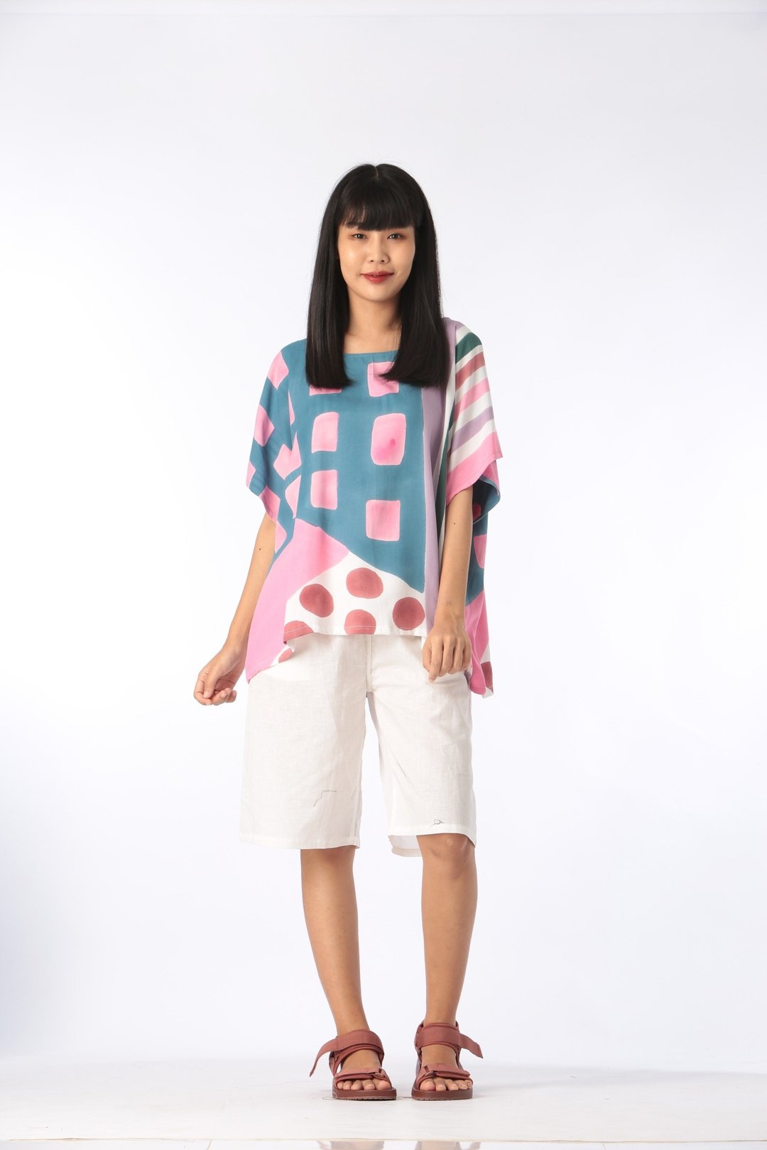 Abstract Cotton Rayon Kimono Blouse For Summer Beach Vacatio - 女装上衣 - 棉 粉红色