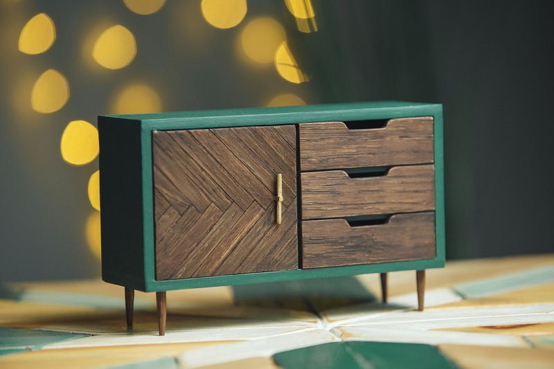 1/6比例娃娃用微型五斗橱。娃娃屋家具，立体模型 - 玩偶/公仔 - 木头 绿色