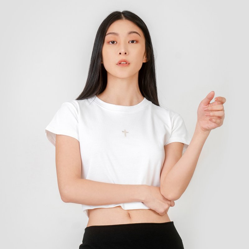 小十字架 短版上衣 - 女装 T 恤 - 棉 白色