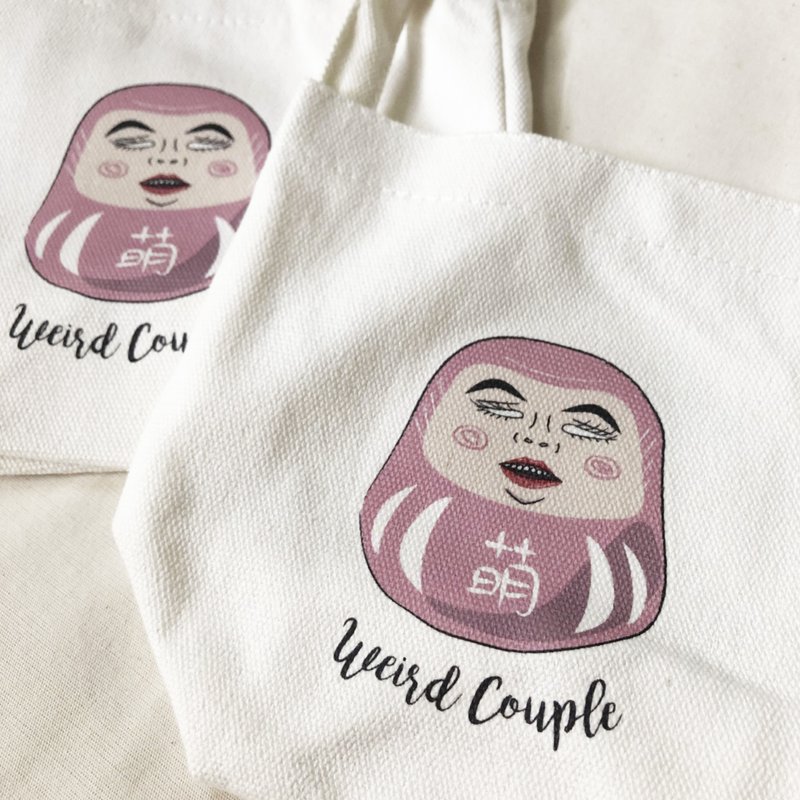 粉红色萌萌达摩图案 环保饮料提袋一个 - 随行杯提袋/水壶袋 - 棉．麻 多色