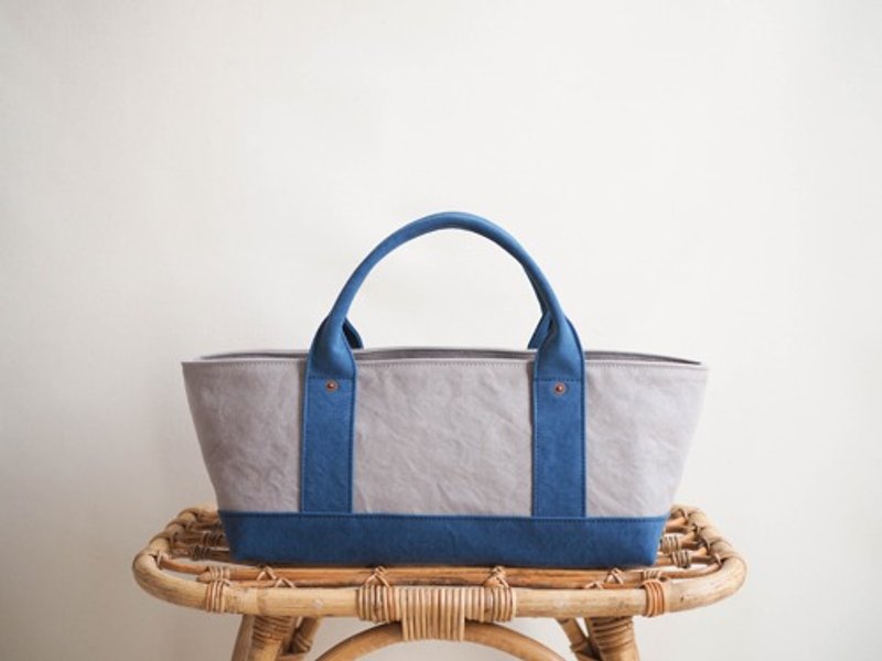 Made-to-order [ARMY DUCK] Tote bag with lid Yokonaga Gray x Blue - 手提包/手提袋 - 棉．麻 