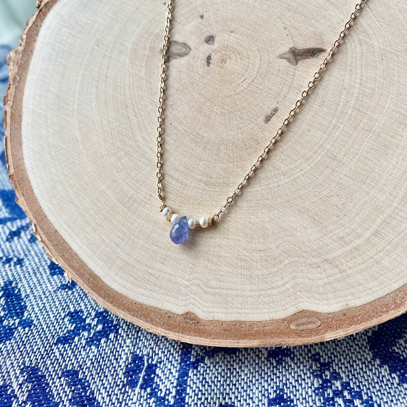 天然石坦桑石珍珠水滴珠锁骨链-12月诞生石-生日礼物 - 项链 - 半宝石 蓝色