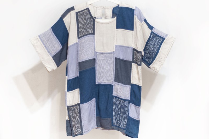 植物染刺绣上衣 有机纯棉手绣长版上衣 手织布刺子绣短袖上衣-海 - 女装 T 恤 - 棉．麻 蓝色