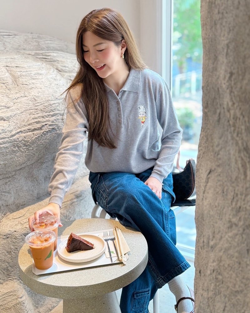 长袖 Polo 衫，灰针织布料 - 女装上衣 - 其他材质 灰色