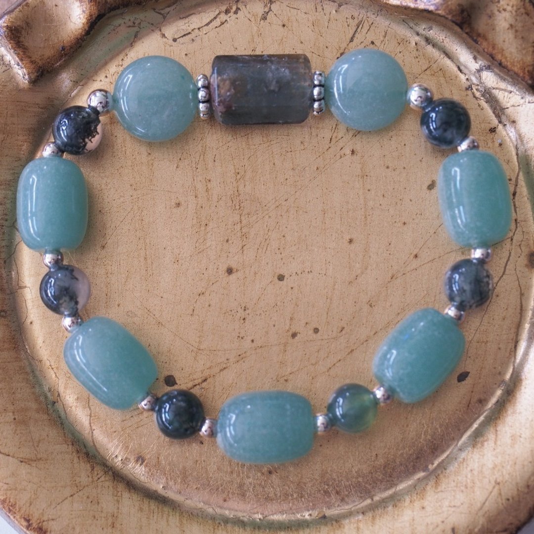 绿幽灵石 东菱玉 苔纹玛瑙纯银手环 QuartzGreenPhantom Bracelet - 手链/手环 - 水晶 绿色