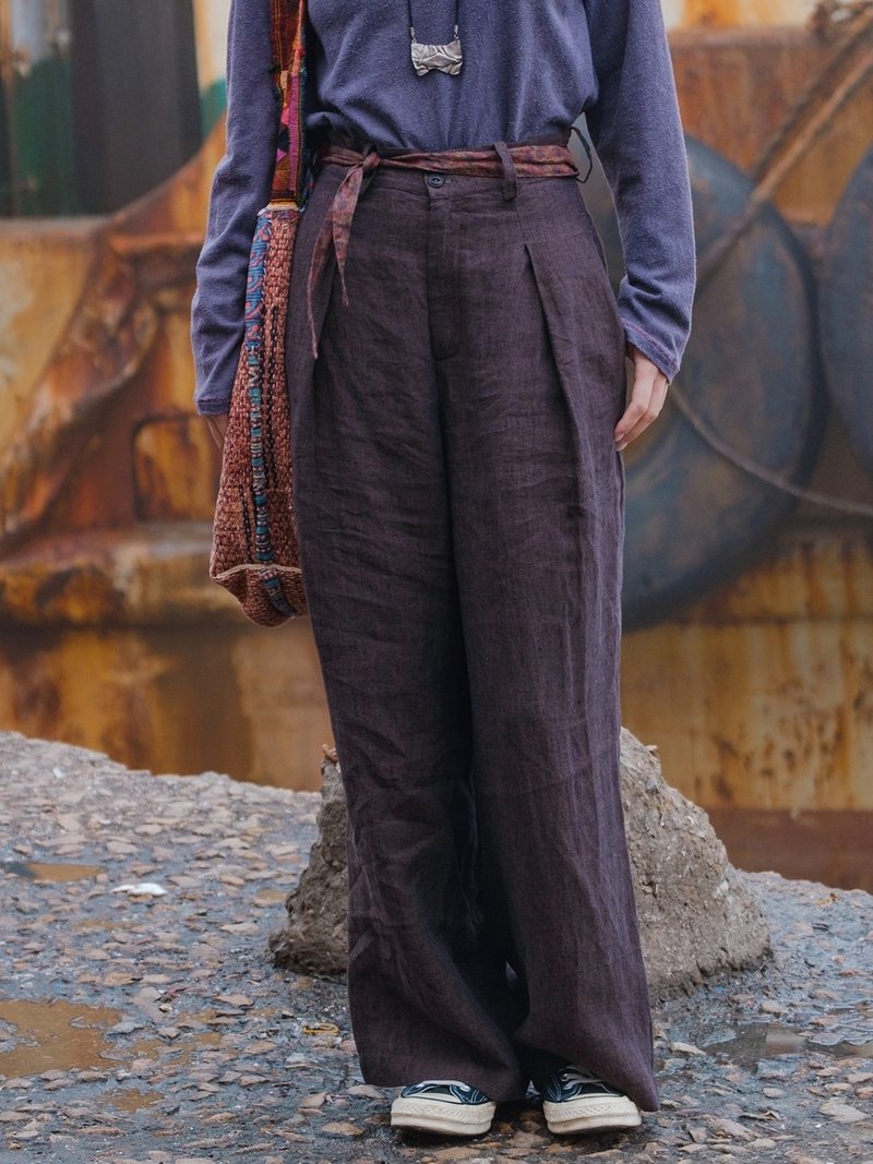 烏棕色 漢麻亞麻色織高腰休閒直筒褲闊腿褲 - 女装长裤 - 棉．麻 咖啡色