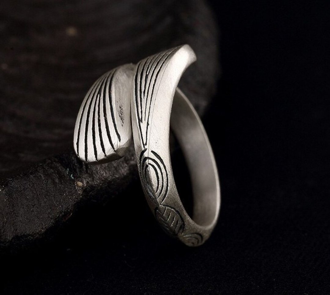 Real 990 Silver Fine Jewelry Handmade Engraved Leaf Patterns Vintage Rings - 戒指 - 纯银 银色