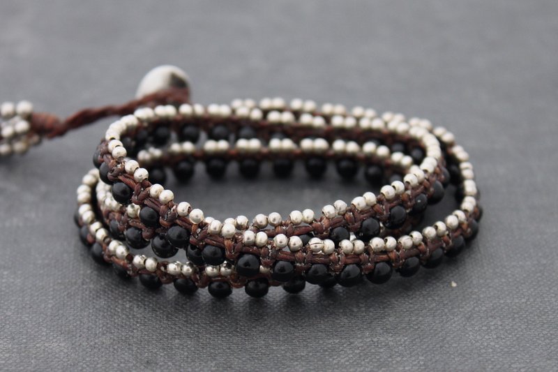 裹手链编织串珠波西米亚波西米亚链银黑玛瑙手链 - 手链/手环 - 石头 黑色