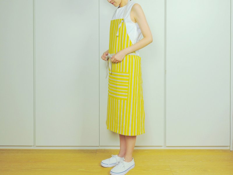 减简手印棉麻围裙 大人版 芥末黄色 - 围裙 - 棉．麻 黄色