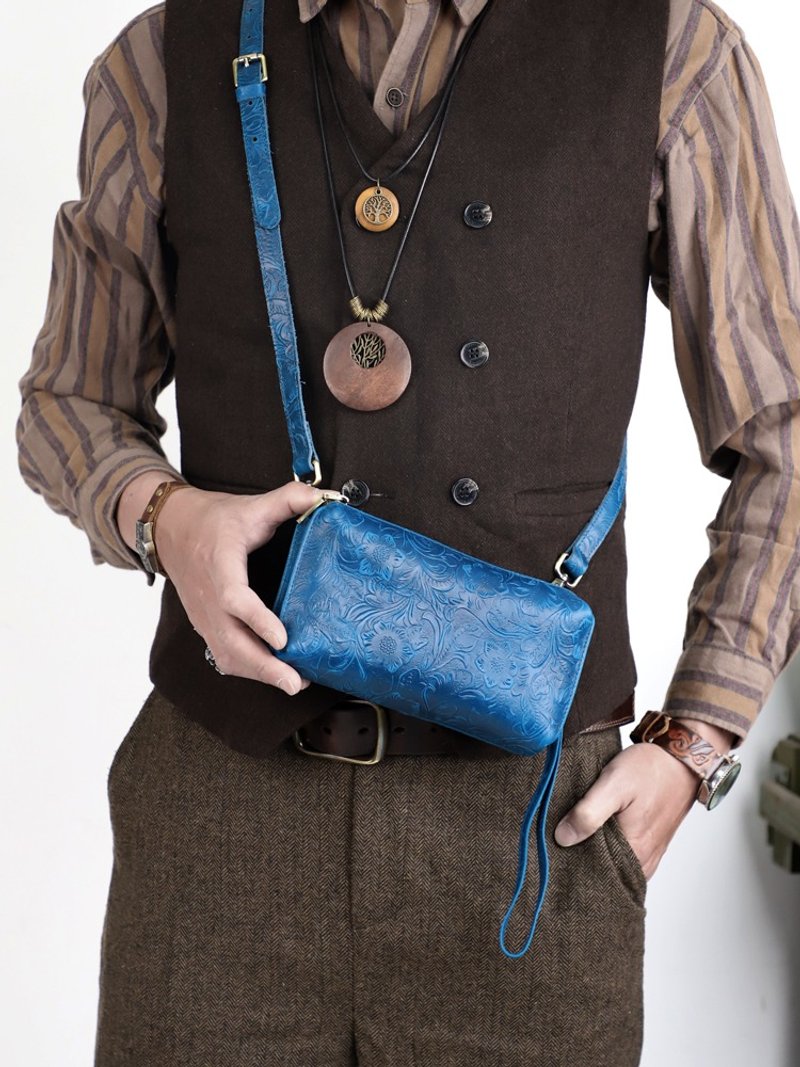 真皮单肩包 大容量商务手拿包 手工牛皮斜挎包 侧背包 男女适用 - 侧背包/斜挎包 - 真皮 蓝色