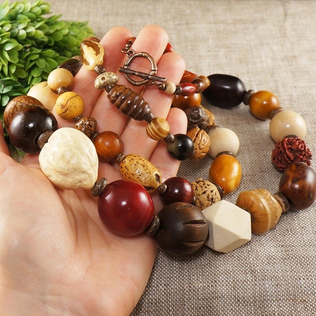 Long Wooden Beaded Necklace Brown Beige Red Seed Nut Large Bead Necklace Jewelry - 项链 - 木头 咖啡色