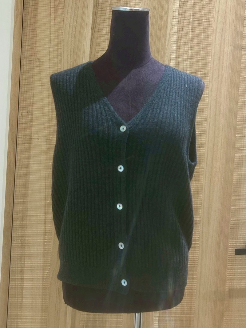 坑条V领开襟背心 - 女装背心 - 羊毛 黑色