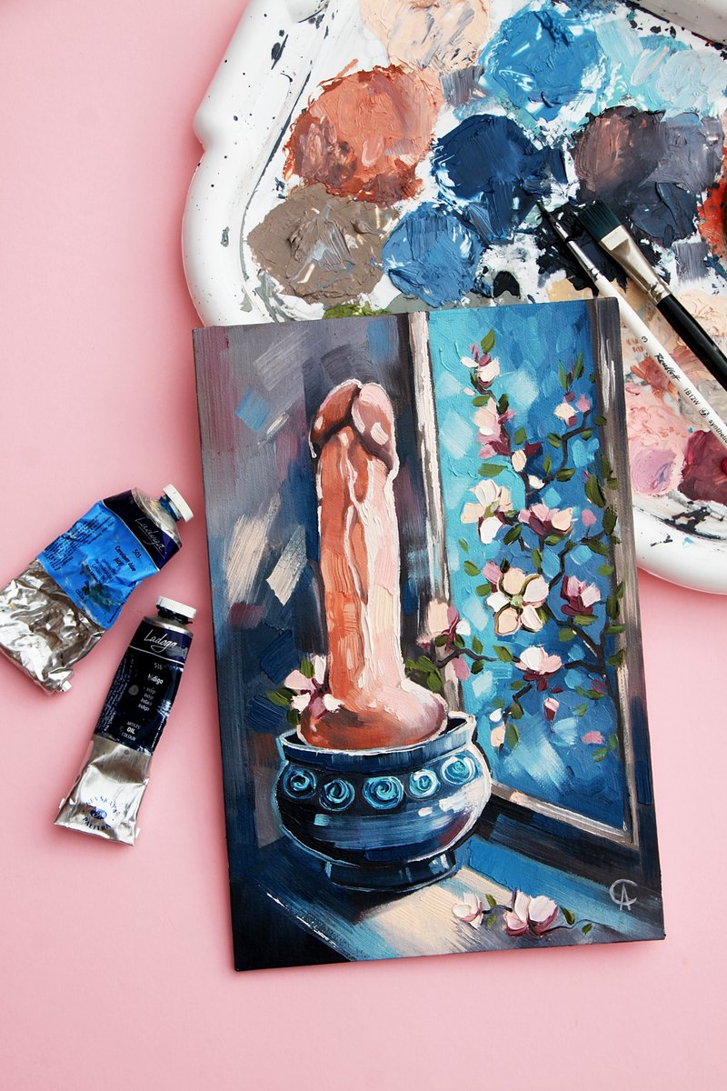 春天 Lingam 画。色情花原创艺术。象征性的艺术品。阴茎装饰 - 海报/装饰画/版画 - 其他材质 蓝色