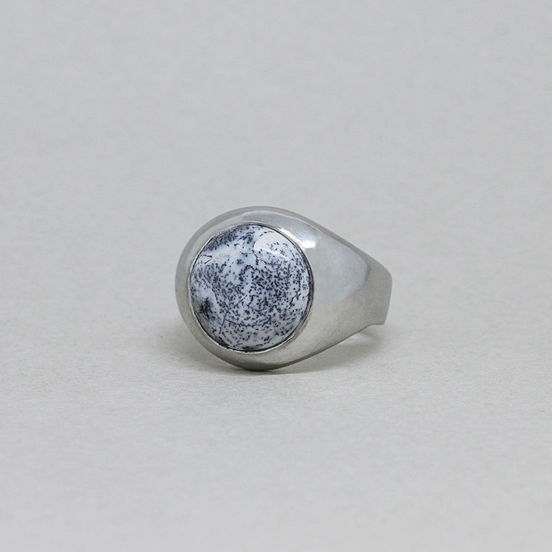 12mm Dendritic Agate Cabochon Silver Ring - 戒指 - 其他金属 灰色