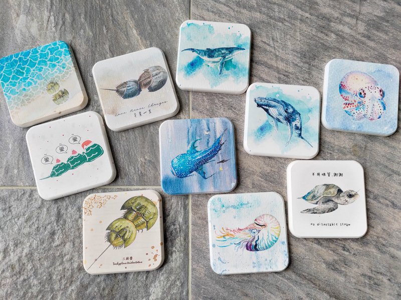 水彩海洋生物 圭藻土/硅藻土 吸水杯垫 - 杯垫 - 环保材料 